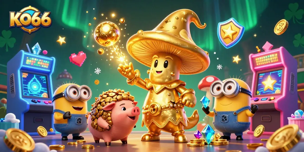 Engage with KO66 through a vibrant casino-themed illustration with magical gaming elements.