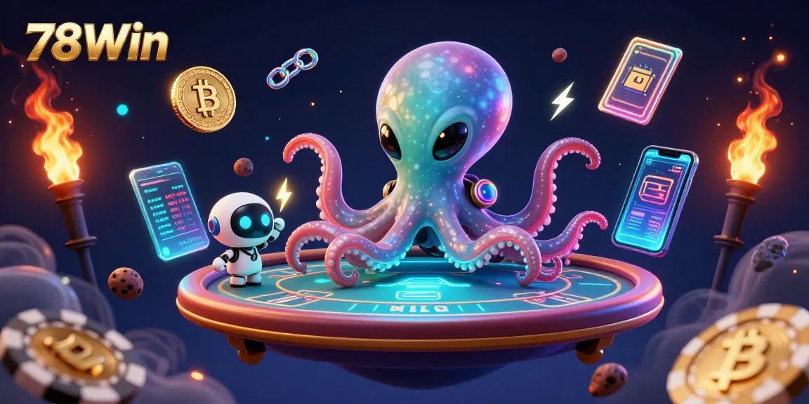 Engage at 78Win with a vibrant scene portraying an alien octopus playing poker in a cosmic setting.