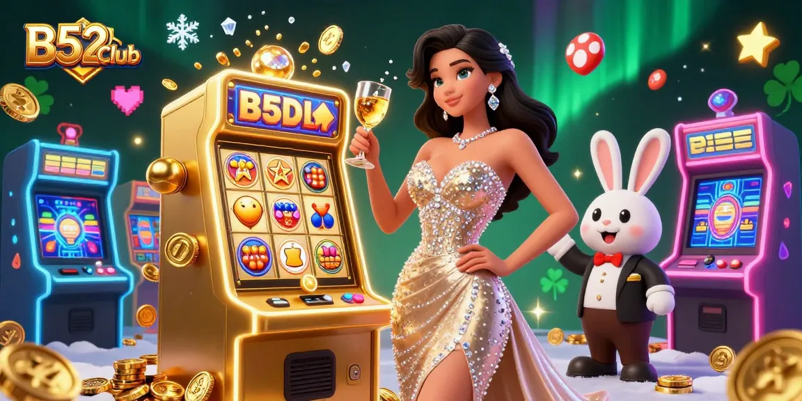 B52Club offers vibrant gameplay with a dazzling woman celebrating beside a jackpot slot machine and croupier.
