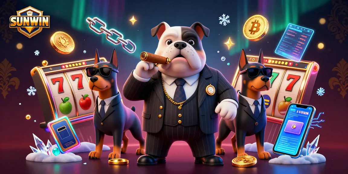SUNWIN offers a packed casino scene with a mafia boss bulldog and Doberman bodyguards, featuring slot machines and neon crypto coins.