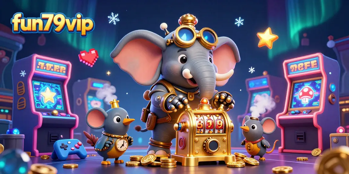 Spin the slot machine with fun79vip for thrilling gaming action in this vibrant 3D scene.