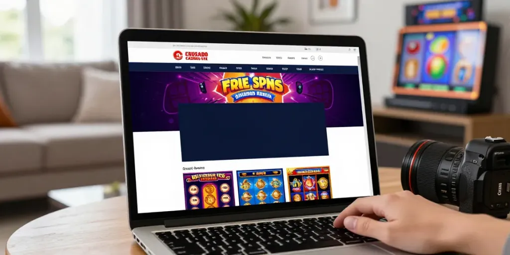Engaging scene of a user exploring the promotions and games at Crusado Casino UK on a laptop.
