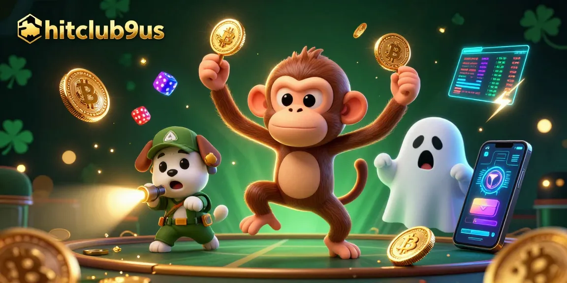 Hitclub9us engages players with a playful poltergeist monkey and a curious puppy in a vibrant casino setting.