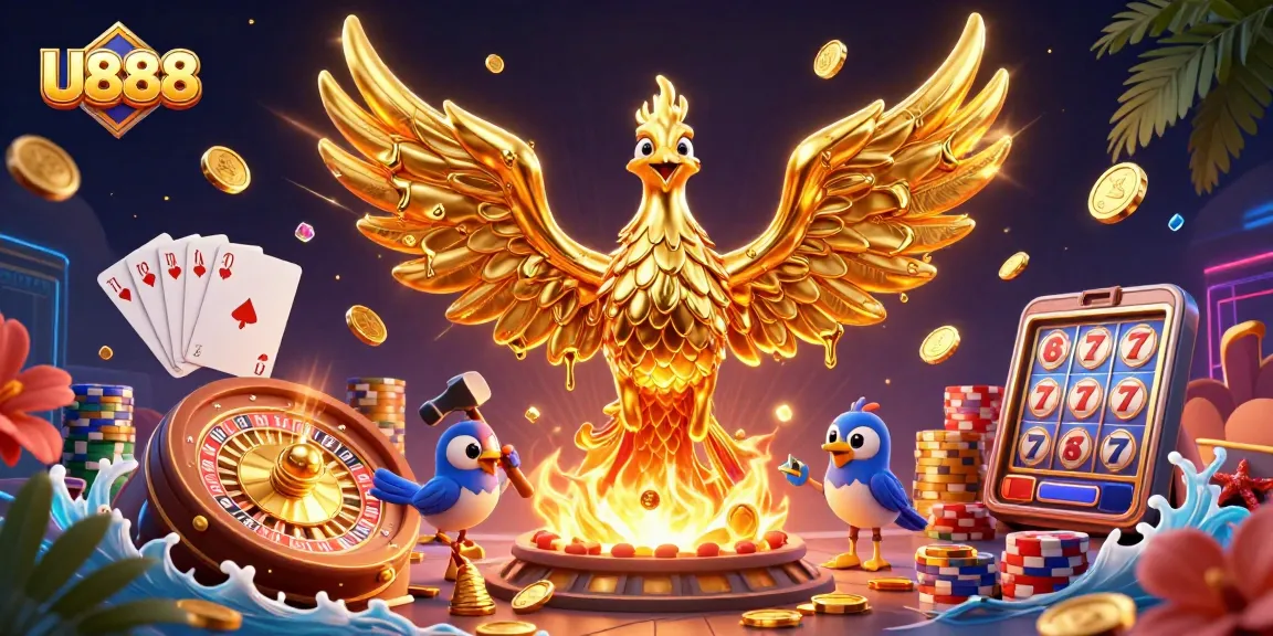 Experience the thrill of U888 with golden phoenix and lively gaming elements in a dynamic casino scene.