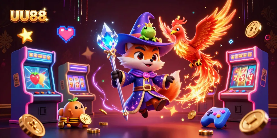 Experience jackpot excitement with UU88's enchanting wizard fox and vibrant casino elements in a colorful digital scene.