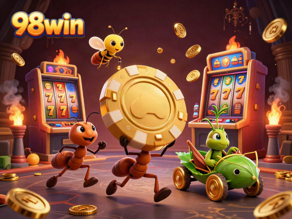 Experience the thrill of 98win with a whimsical heist scene featuring ants and giant poker chips.