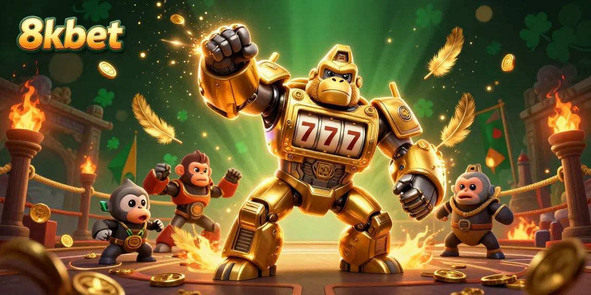 Experience the excitement at 8kbet with a dynamic 3D illustration of a golden gorilla mech and casino elements.