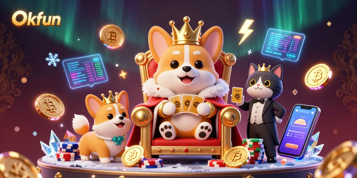 Okfun offers a vibrant casino experience with a royal corgi on a throne of poker chips.