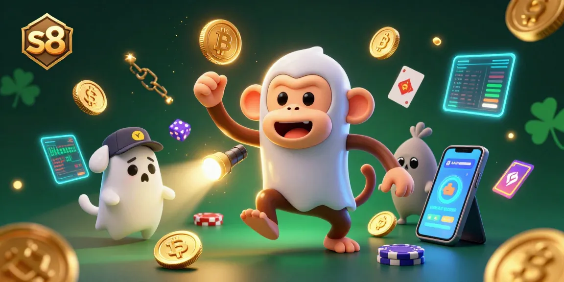 S8 casino showcasing a playful poltergeist monkey juggling golden coins with a ghost-hunter puppy exploring the scene.