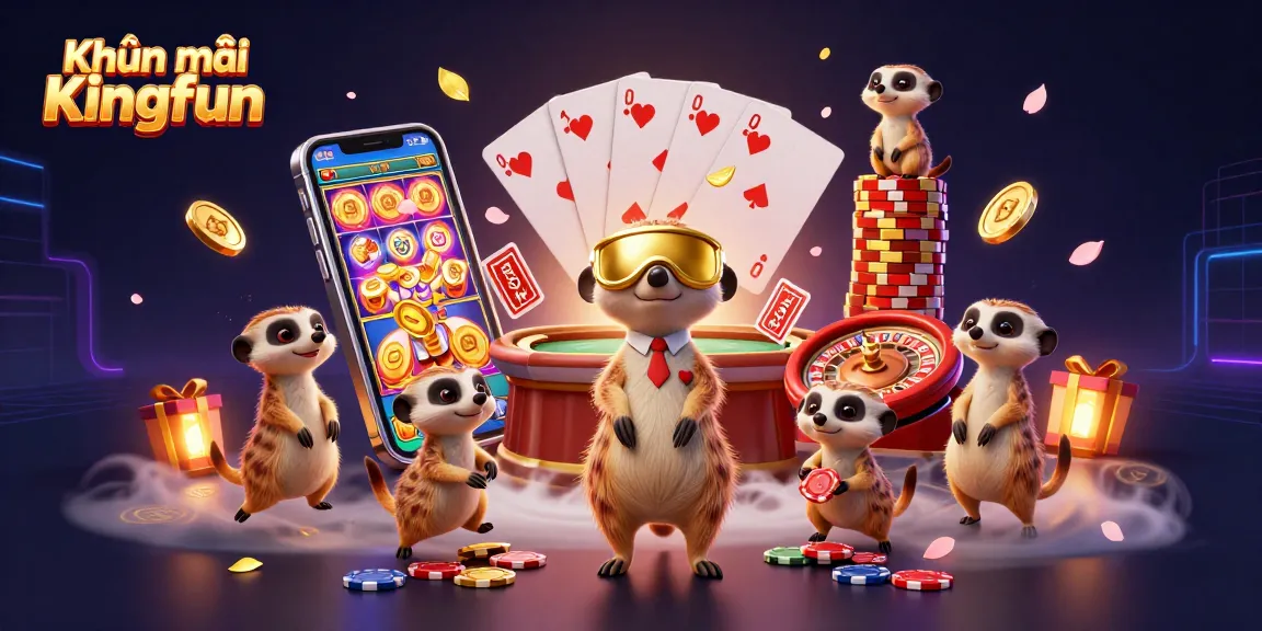 Engage in exciting Khuyến mãi Kingfun with a lively casino scene featuring meerkats and dynamic gaming elements.