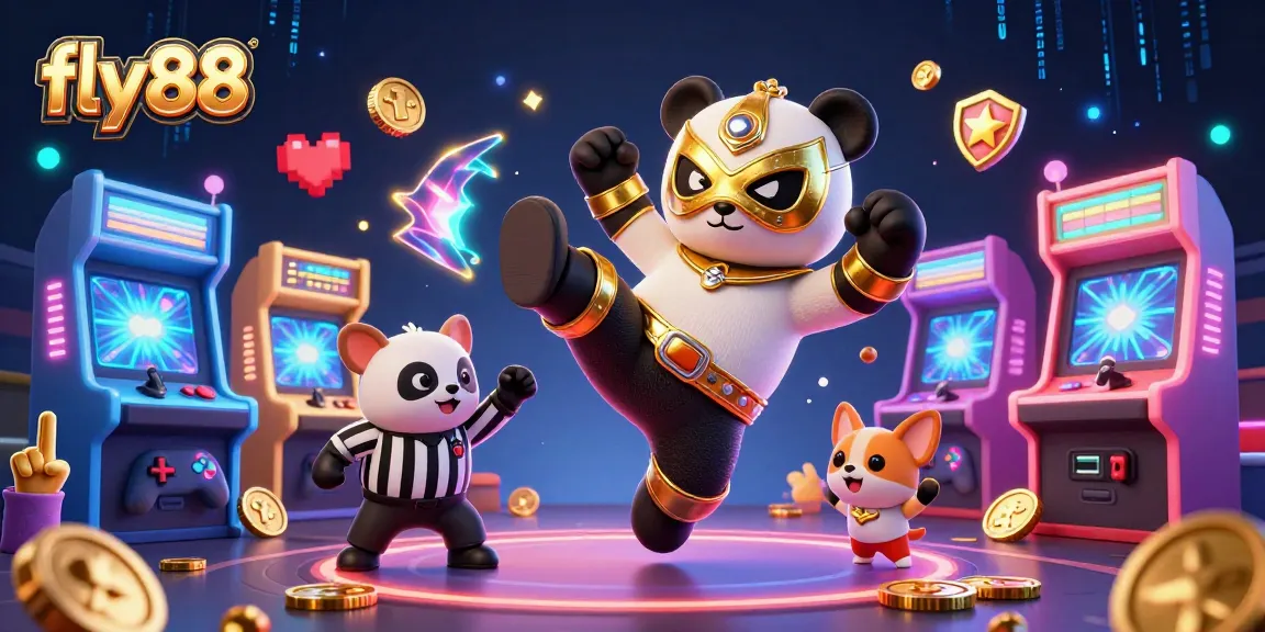 Experience thrilling action at fly88 with a panda wrestler doing a flying kick surrounded by vibrant gaming elements.