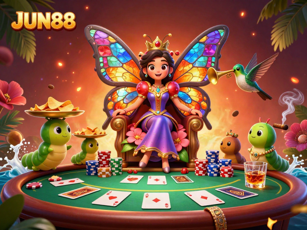 Experience the thrilling atmosphere of JUN88 with the vibrant 3D casino illustration showcasing a butterfly queen amidst poker excitement.