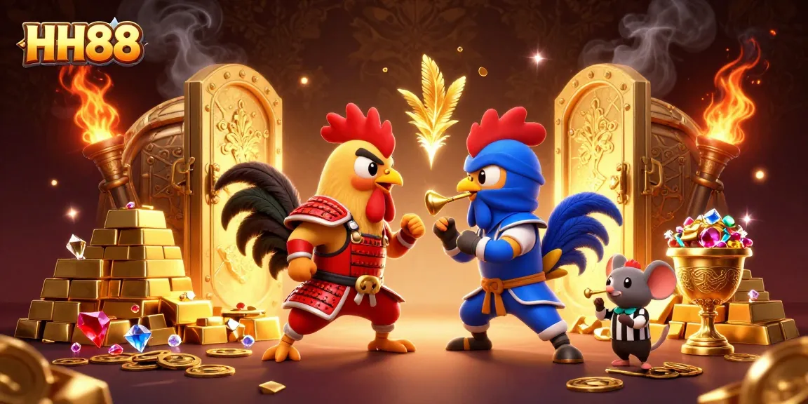 Experience thrilling action with HH88's fighting roosters amidst treasures and jewels.