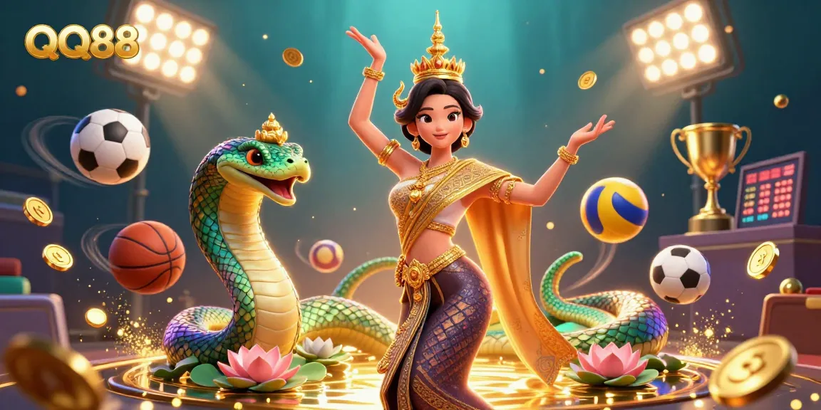 Experience exciting betting action at QQ88 with a vibrant scene featuring a Thai dancer, Naga serpent, and dynamic sports elements.