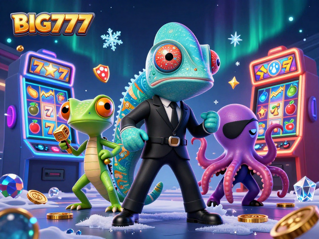 Engage Big777 gameplay featuring a 3D cartoon chameleon, gecko, and octopus in a vibrant casino setting.