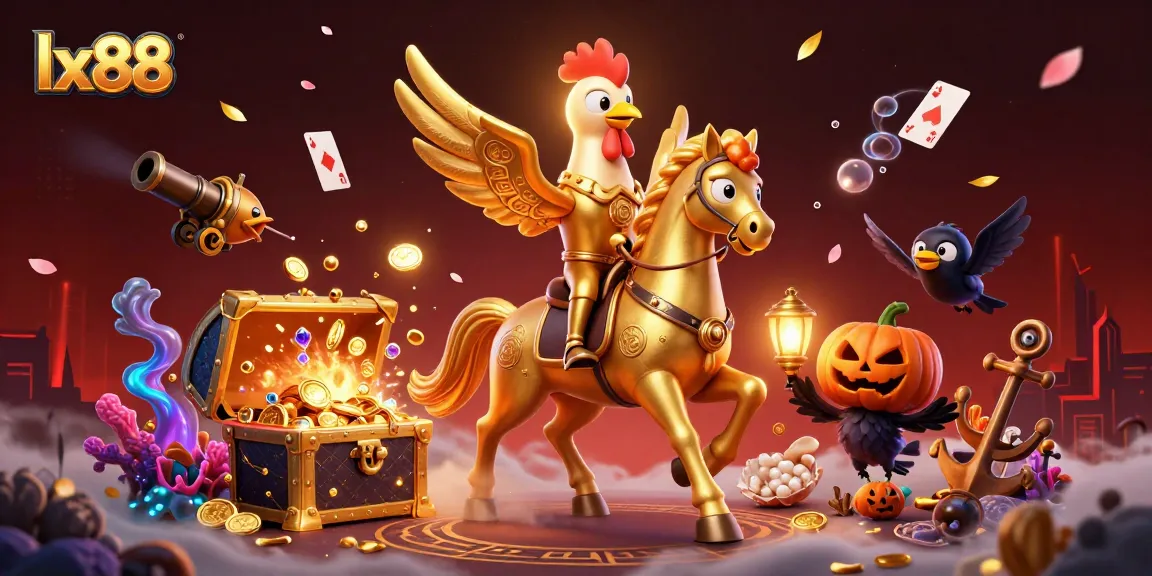 Engage with lx88's vibrant casino adventure featuring golden rooster and treasure-filled scenes.