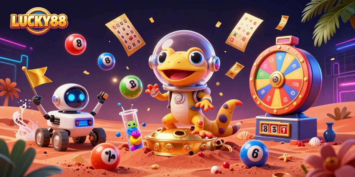 Play and win with LUCKY88 in a vibrant 3D cartoon world filled with exciting casino elements.