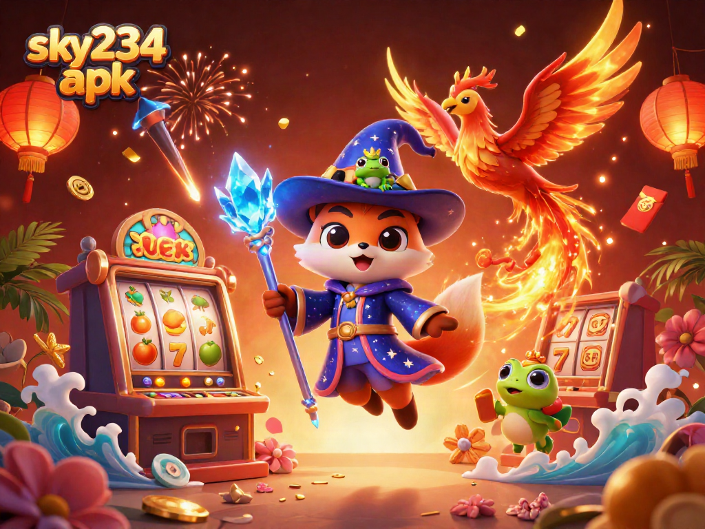 Experience the thrill of gaming with sky234 apk in this captivating illustration featuring a magical fox and phoenix.