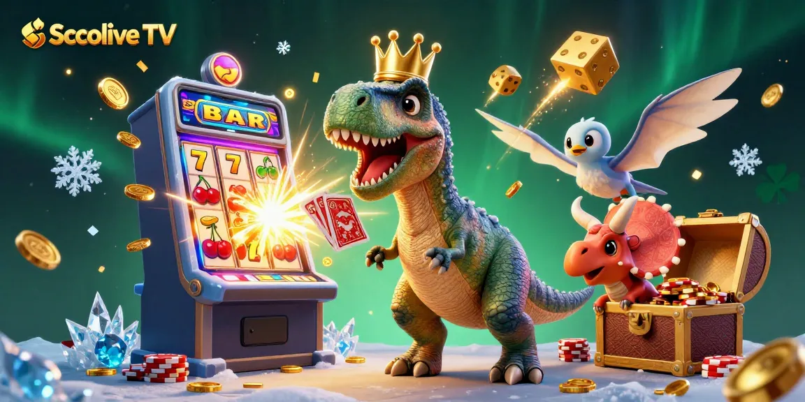 Socolive TV showcases a dynamic scene with friendly T-Rex shuffling cards, pterodactyl assistant, and baby triceratops stacking chips in a casino setting.