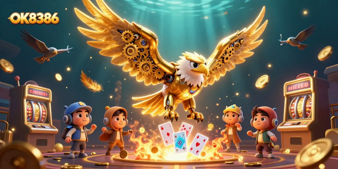Experience the dynamic world of OK8386 casino with a thrilling illustration featuring a golden eagle diving through holographic cards.