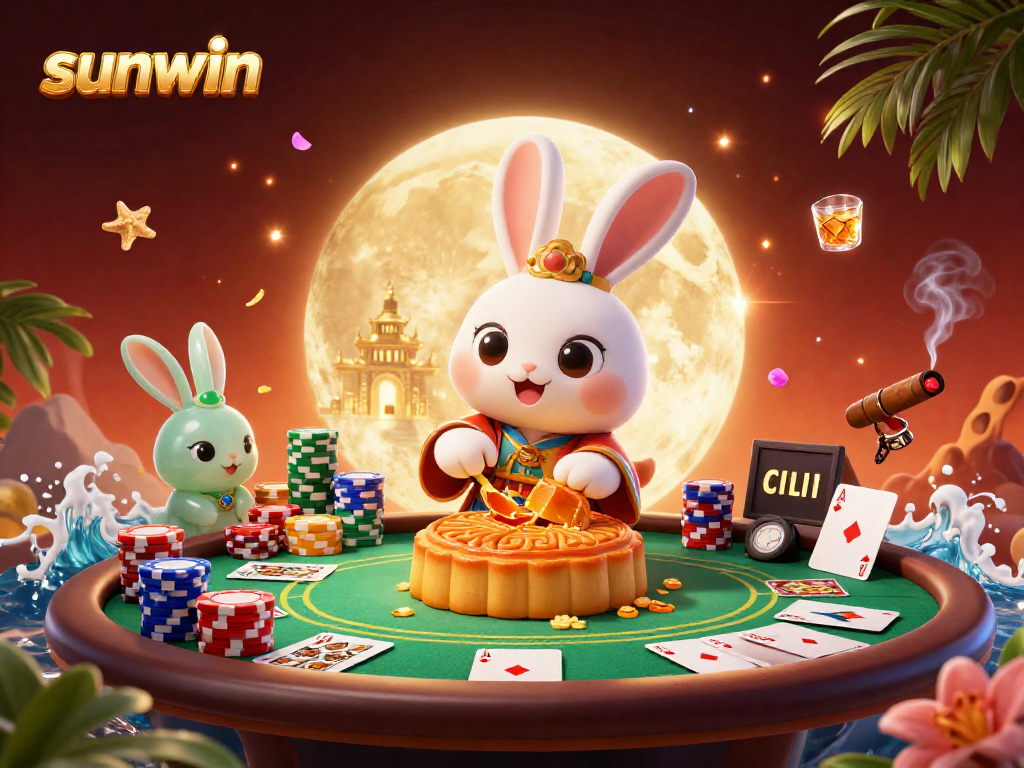 Experience thrilling gameplay at sunwin in a vibrant 3D casino illustration featuring a moon rabbit.