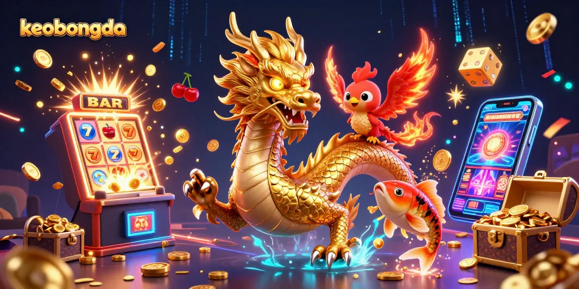 Bet on keobongda with a golden dragon and phoenix in a vibrant casino scene