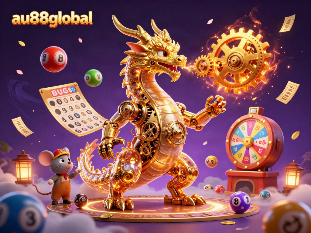 Experience thrilling moments at au88global with vibrant lottery elements and a mechanical dragon.