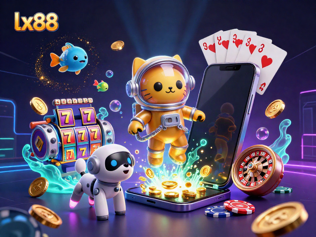 Engage in the galaxy of slots with lx88, where the astronaut cat explores golden winnings amidst vibrant game elements.