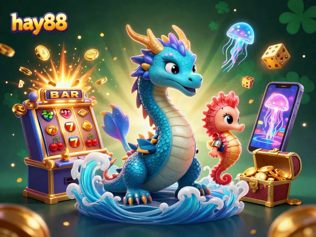 Hay88 reveals an immersive casino adventure featuring an azure water dragon, glowing jellyfish, and slot machines.