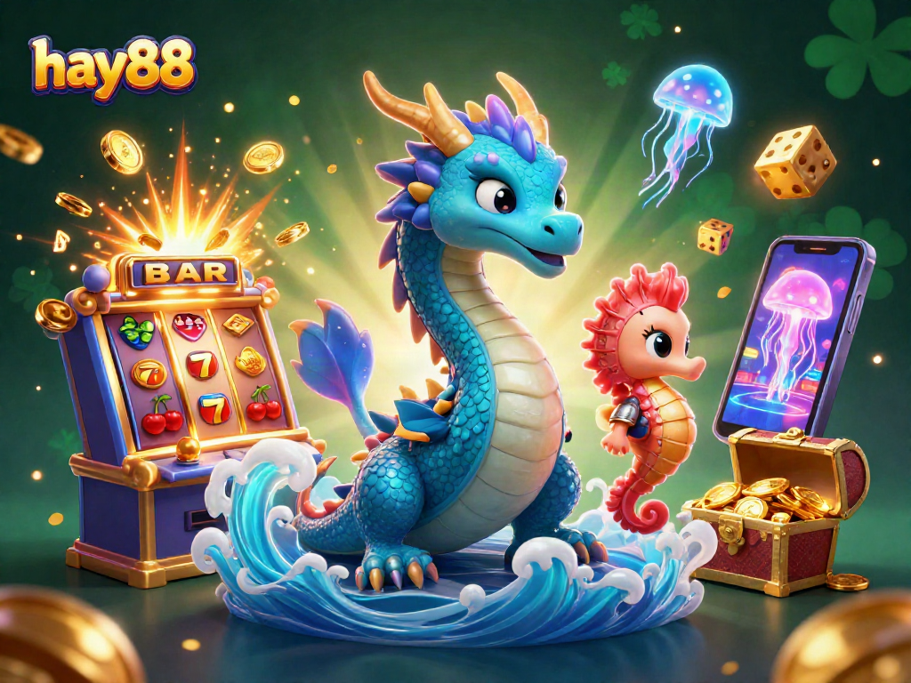 Hay88 reveals an immersive casino adventure featuring an azure water dragon, glowing jellyfish, and slot machines.