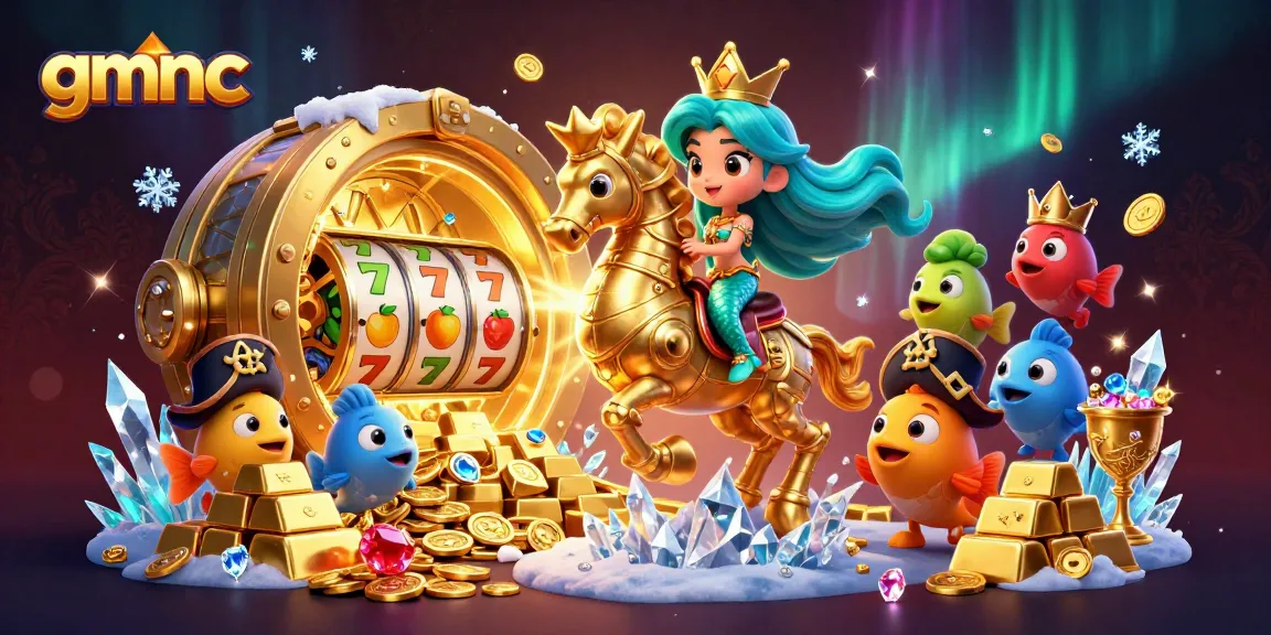 Experience gmnc's vibrant casino scene with a mermaid princess, seahorse, and slot symbols.