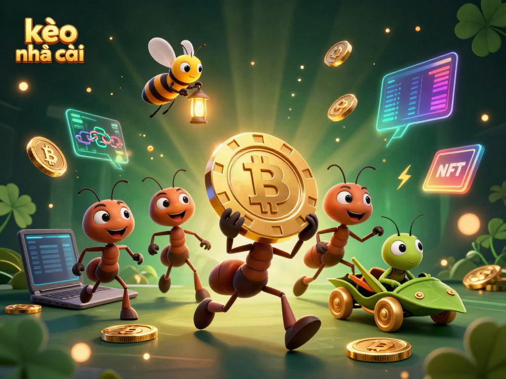 Ants executing a heist in kèo nhà cái with glowing poker chips and cryptocurrencies, surrounded by neon elements.