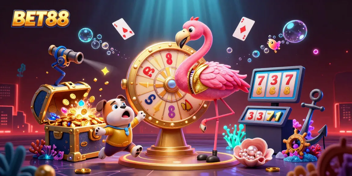 Experience the excitement of BET88 with an action-packed casino scene featuring a flamingo game show host and treasure-filled elements.