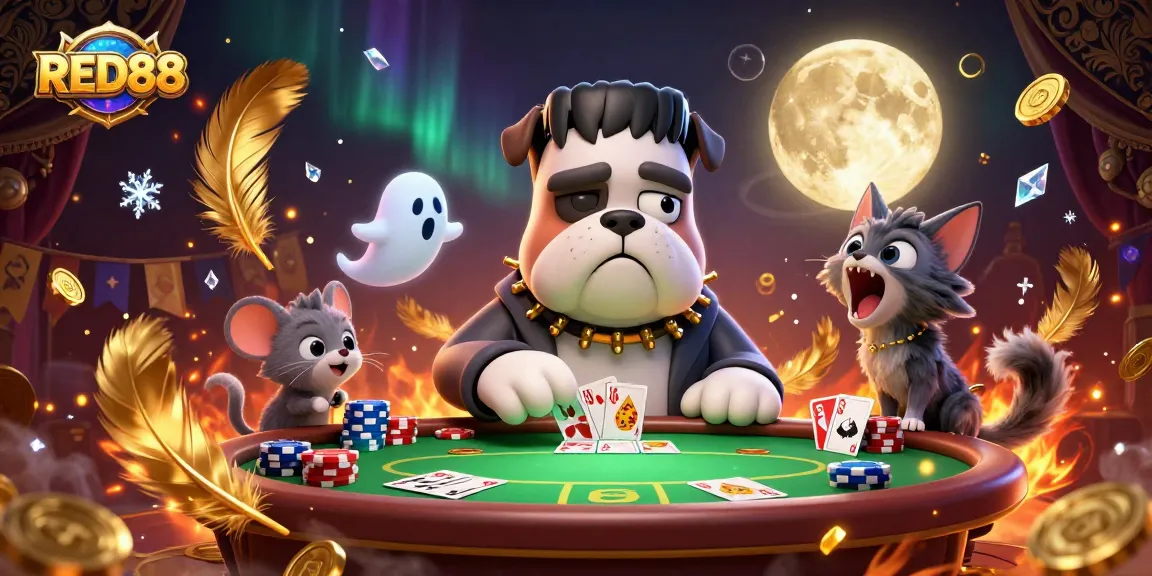 RED88 poker scene with a Frankenstein bulldog dealing cards and dynamic gaming elements