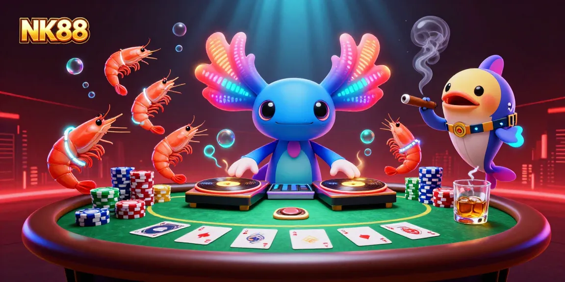 Spin and win with NK88 at an exciting casino party, featuring vibrant characters and poker elements