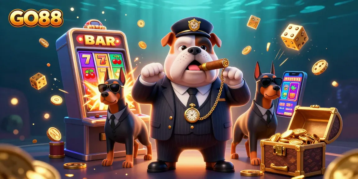 GO88 casino scene featuring a mafia bulldog and dobermans amidst a jackpot explosion and dynamic gaming elements.