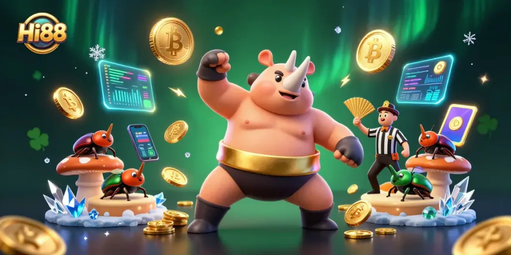 Hi88 game experience with a cartoon beetle champion surrounded by golden coins and crypto elements.