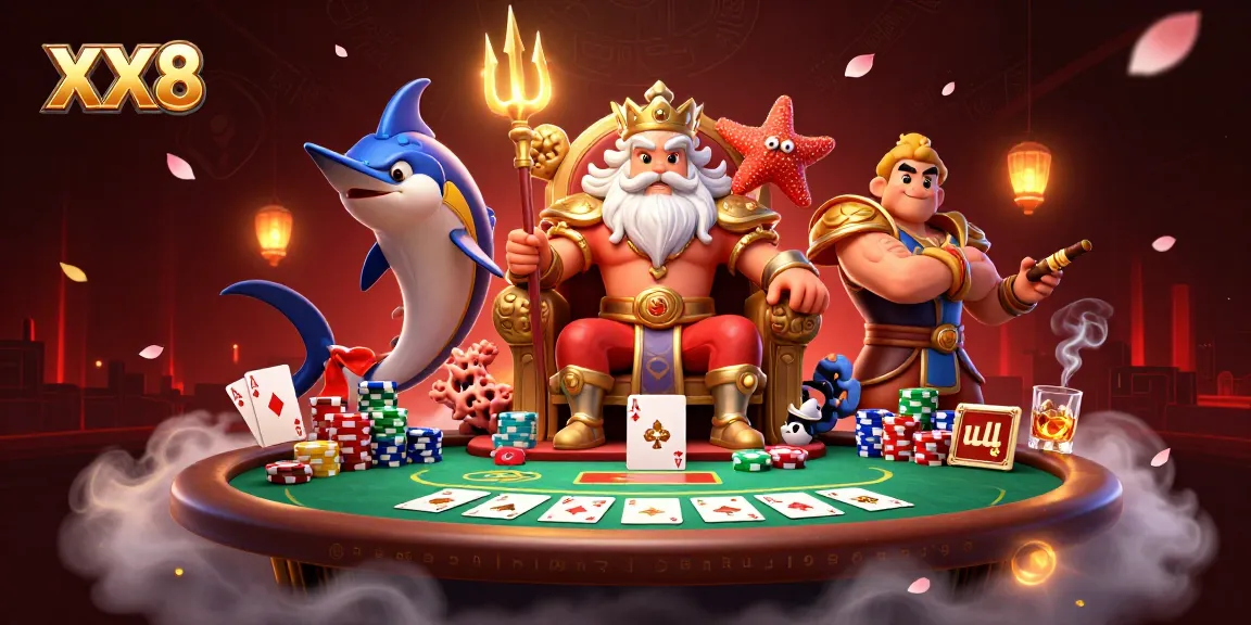 Engage with exciting gaming at XX8, featuring Neptune in a vibrant casino scene with poker elements.