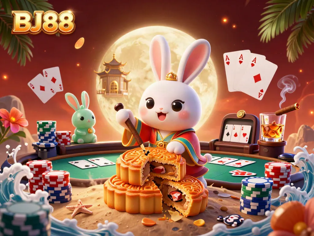BJ88 players enjoying vibrant casino action with poker chips and mooncake elements in a magical setting