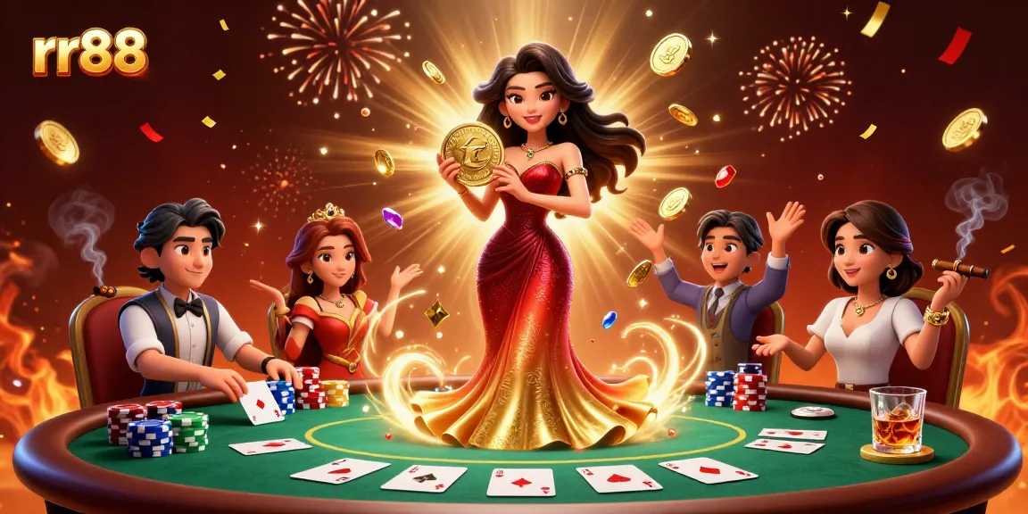 Experience thrilling moments at rr88 as a glamorous Asian woman celebrates with coins and poker elements.