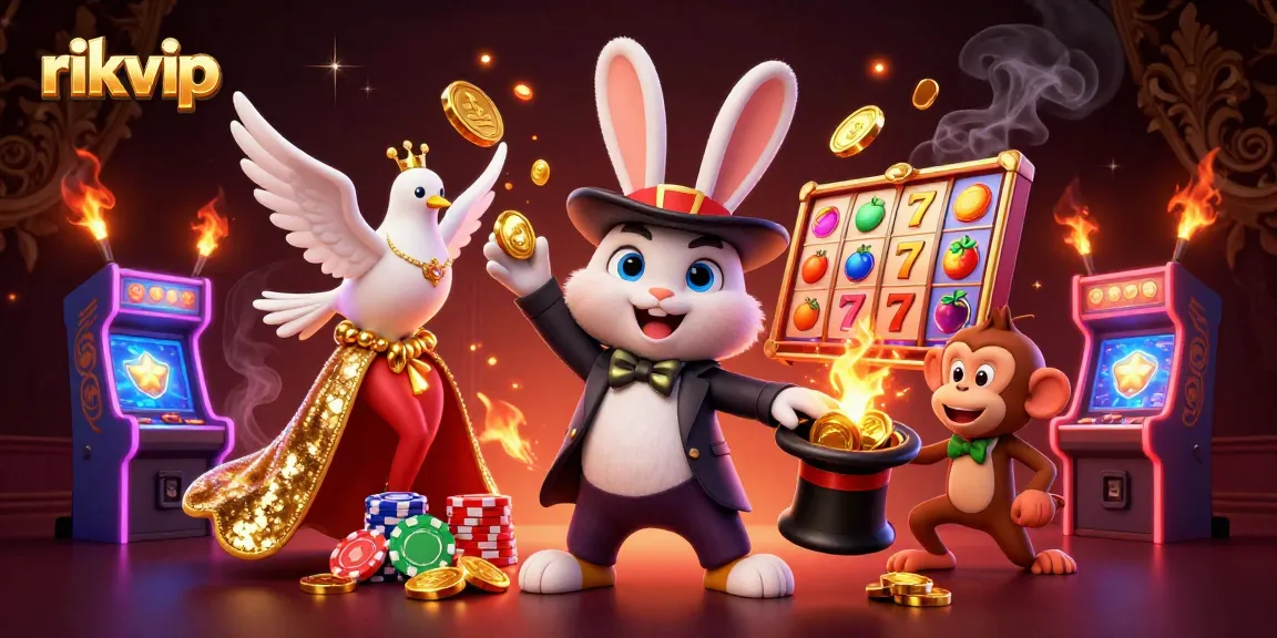 Engage in thrilling gameplay with rikvip, featuring a magician rabbit, glamorous dove, and monkey in a vibrant casino scene.