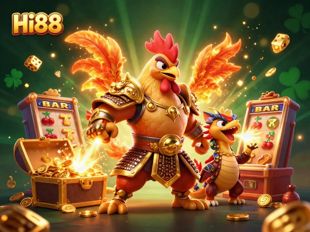 Hi88 celebrates gaming excellence with a vibrant 3D scene featuring a rooster warrior and dragon hatchling.