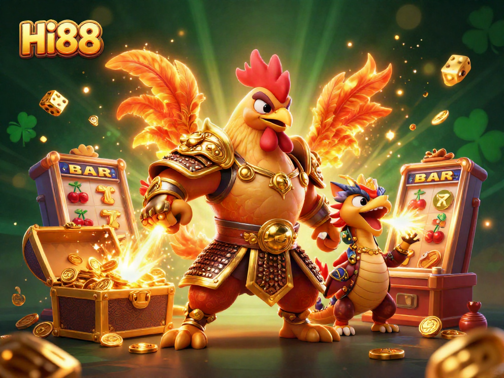 Hi88 celebrates gaming excellence with a vibrant 3D scene featuring a rooster warrior and dragon hatchling.