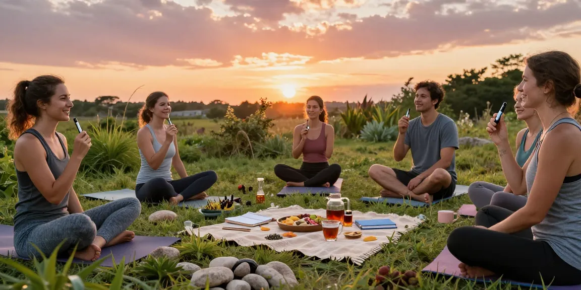 THC vape UK experience with high-quality vape pens among friends in a natural outdoor wellness setting, emphasizing organic and natural wellness.