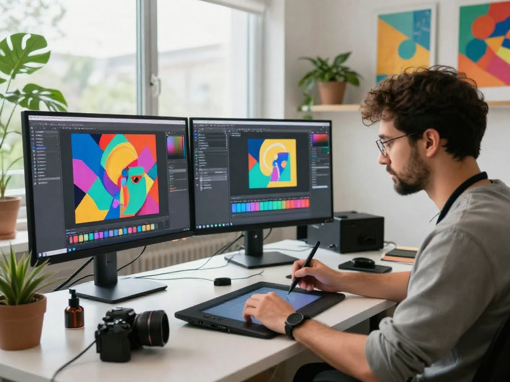 Innovative workspace with an artist using nsfw AI technology to create vibrant digital art.