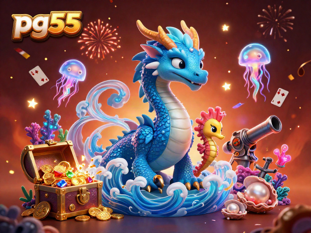 Experience an exciting underwater scene with pg55 showcasing a vibrant dragon and knight with gaming elements.
