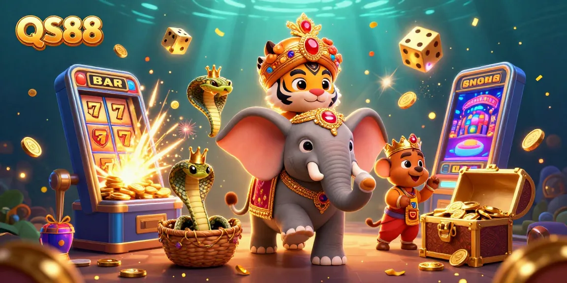 Experience thrilling jackpots at QS88 with a vibrant 3D illustration showcasing slot machines and festive casino elements.