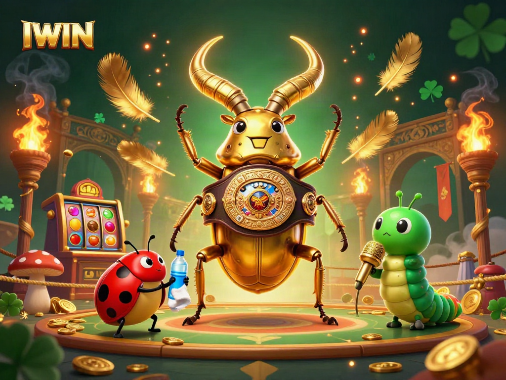 IWIN showcases an electrifying 3D scene with a golden stag beetle and vibrant slot symbols in a casino