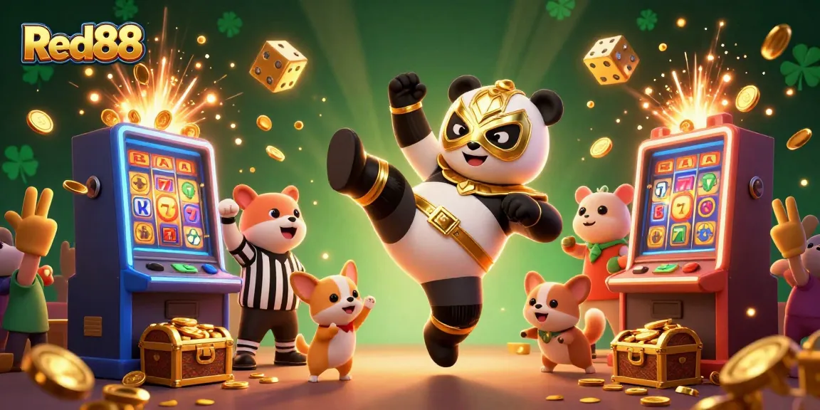 Red88 panda wrestler kicks in front of a slot machine explosion, energizing casino scene.