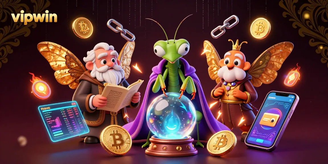 Experience the luck of vipwin with a mystical fortune teller and glowing crypto coins.